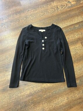 LOFT Black Long Sleeve Waffle Henley Top
